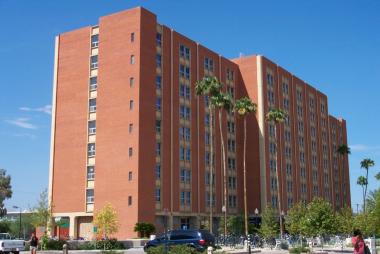 view of coronado hall, multi strory brick dormitory building